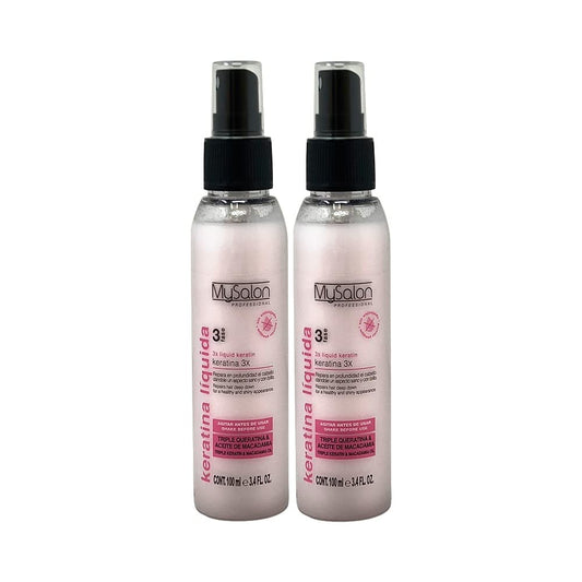 MySalon Liquid Keratin bottle for anti-frizz and shine with keratin and macadamia.