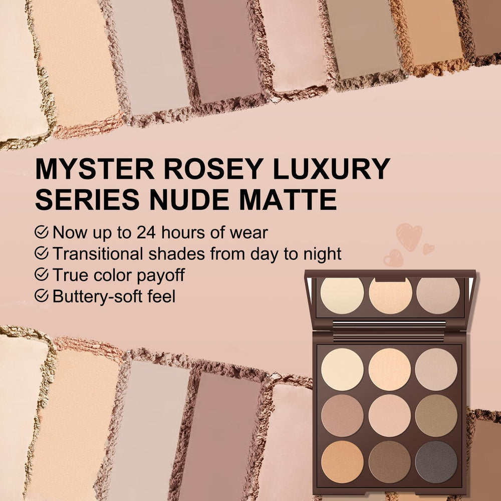MYSTER ROSEY Neutral Eyeshadow Palette close-up of taupe and brown neutrals.