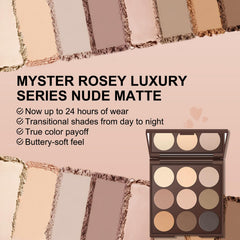 MYSTER ROSEY Neutral Eyeshadow Palette close-up of taupe and brown neutrals.