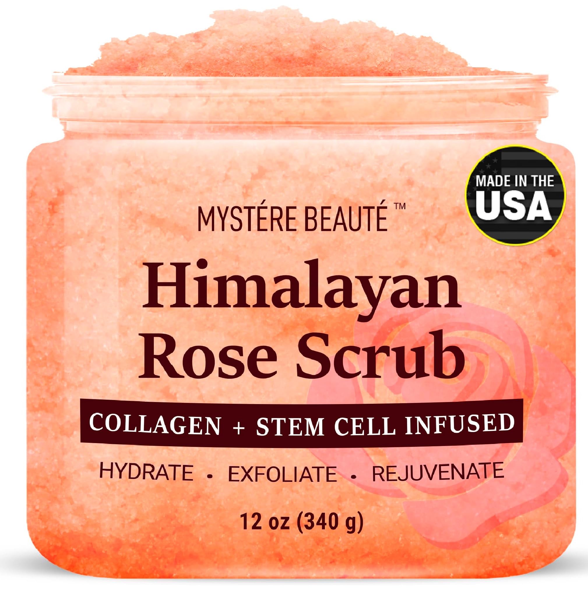MYSTÉRE BEAUTÉ Himalayan Salt Body Scrub bottle with rose oil for glowing skin