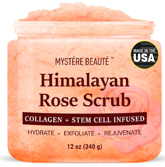 MYSTÉRE BEAUTÉ Himalayan Salt Body Scrub bottle with rose oil for glowing skin