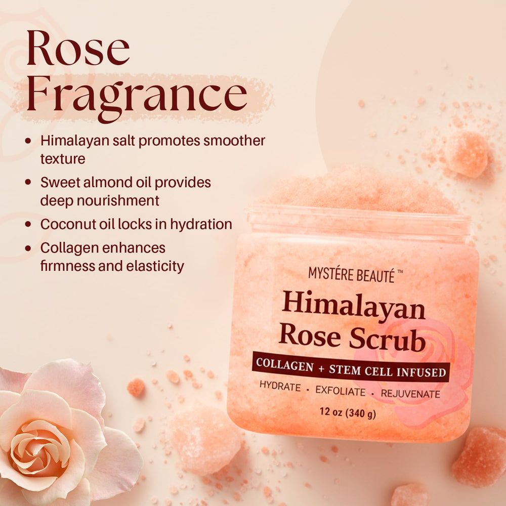 MYSTÉRE BEAUTÉ Himalayan Salt Body Scrub rose oil detail promotes even-toned glow