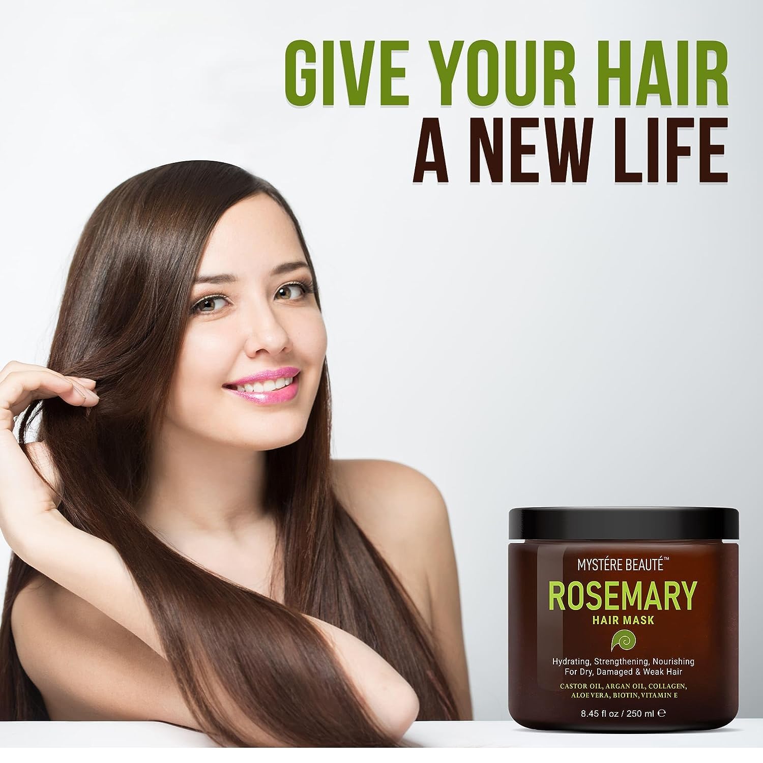 MYSTÉRE BEAUTÉ Rosemary Deep Conditioning jar application smooths damaged hair