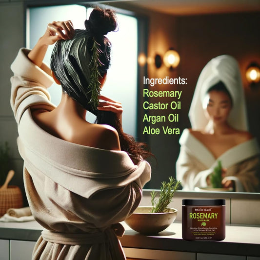 MYSTÉRE BEAUTÉ Rosemary Hair Treatment being applied to damp hair for conditioning.