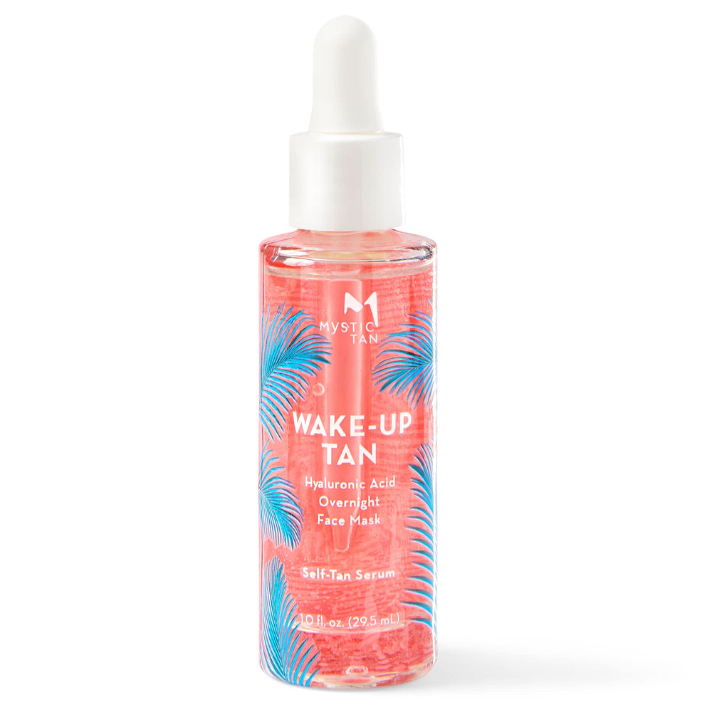 Mystic Tan Wake Up Tan serum bottle on a clean surface, overnight glow ready.