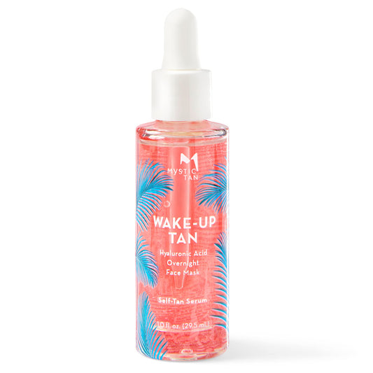 Mystic Tan Wake Up Tan serum bottle on a clean surface, overnight glow ready.