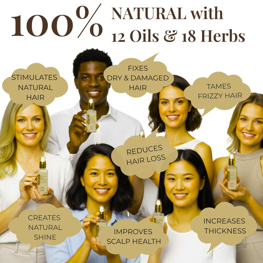 Mystique Abundance REVATOLOGY ingredient blend highlighting natural hair nourishment benefits.