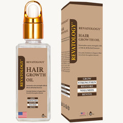 Mystique Abundance REVATOLOGY oil bottle closeup promoting scalp nourishment and gentle absorption.