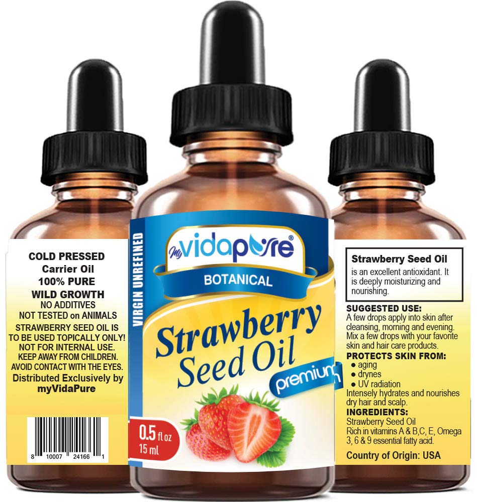 MYVIDAPURE Strawberry Seed Oil bottle showing pure, lightweight hydration for skin
