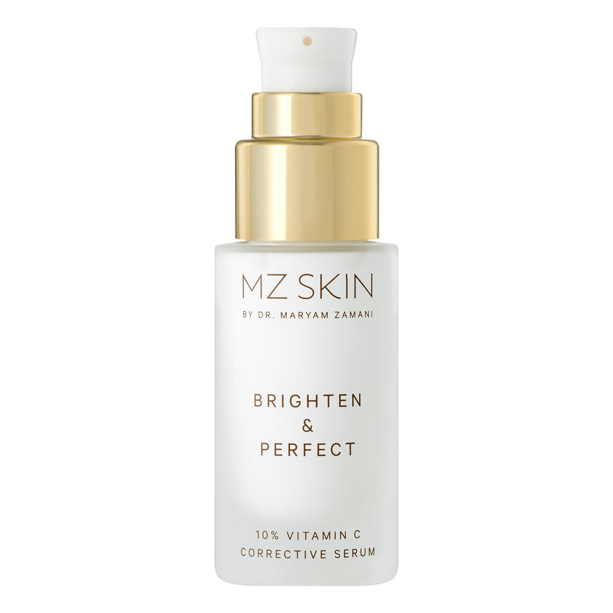MZ SKIN Brighten serum bottle front showing elegant packaging for radiant skin
