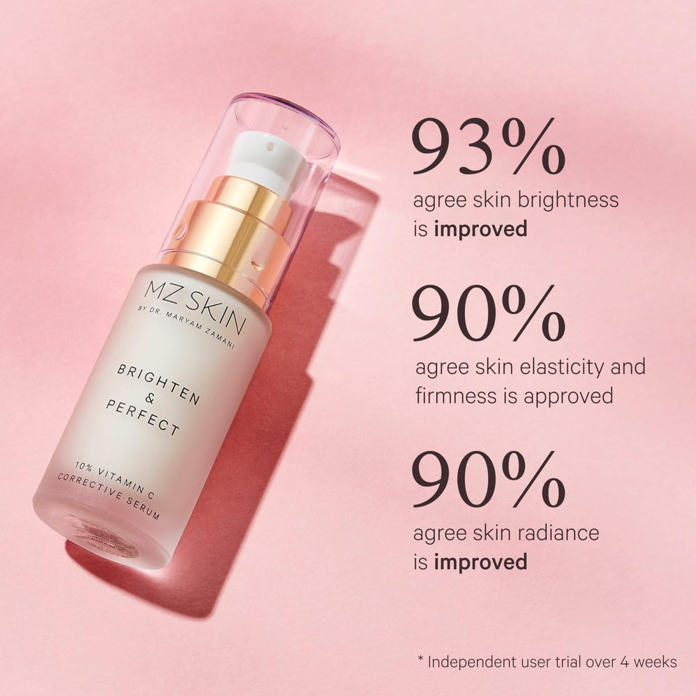 MZ SKIN Brighten serum swirled on hand highlights lightweight texture