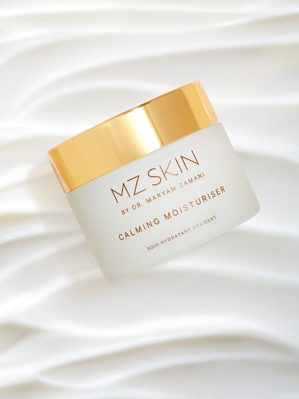 MZ SKIN Calming Moisturizer fragrance-free label on jar for gentle daily use
