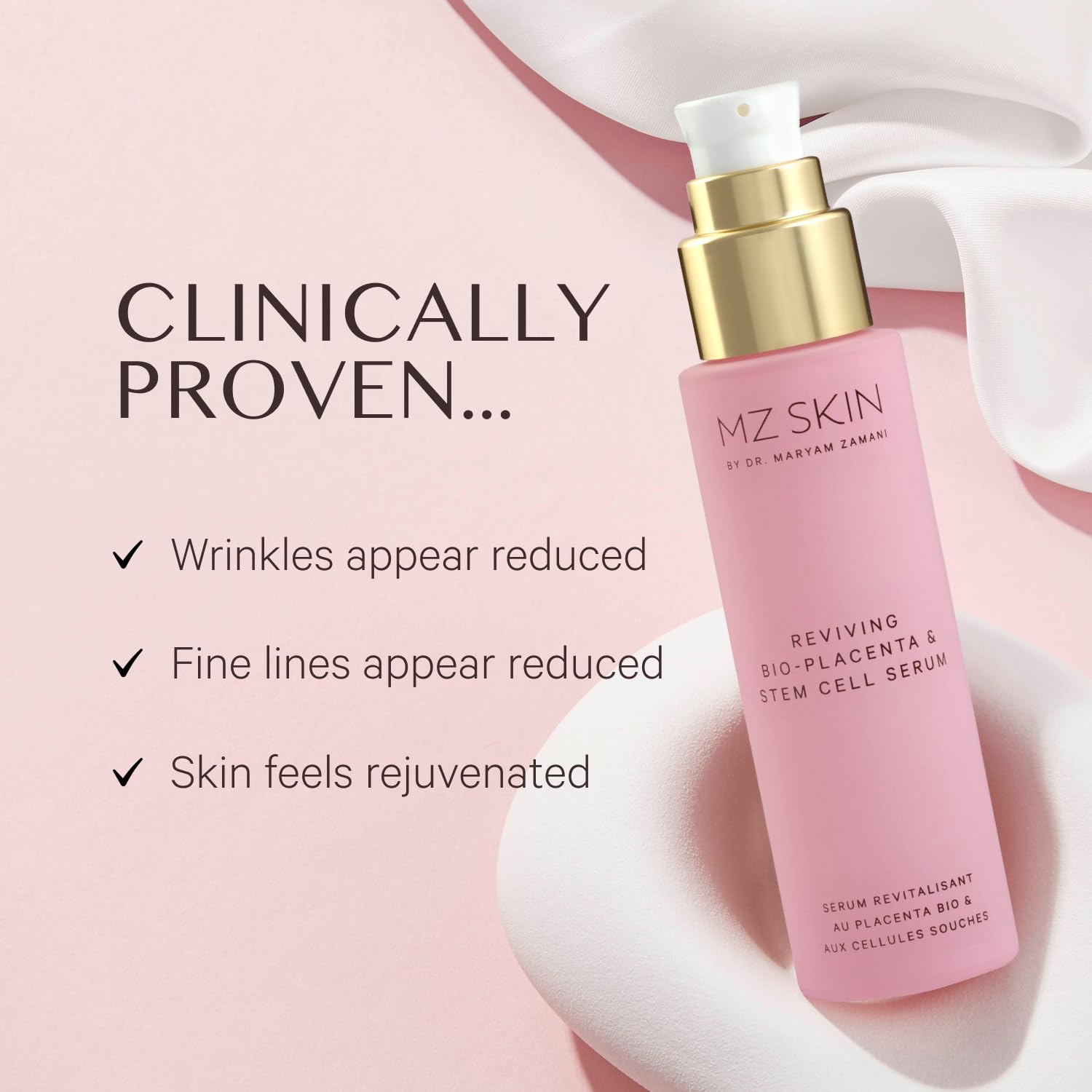 MZ SKIN Reviving Bio-Placenta Serum dropper enables precise wrinkle reduction application.