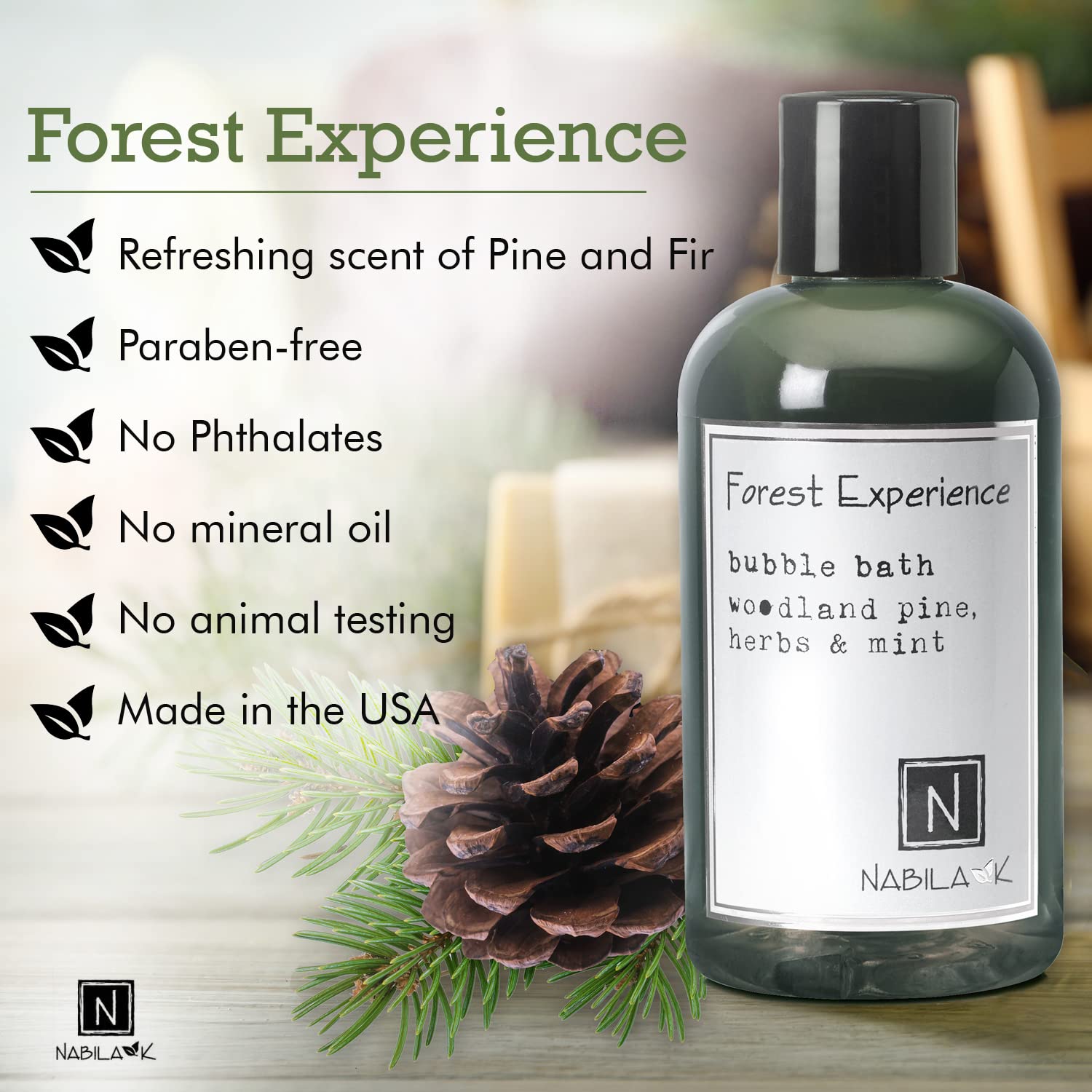 Nabila K Forest Experience Bubble Bath herbs mint foam for a refreshing bath.