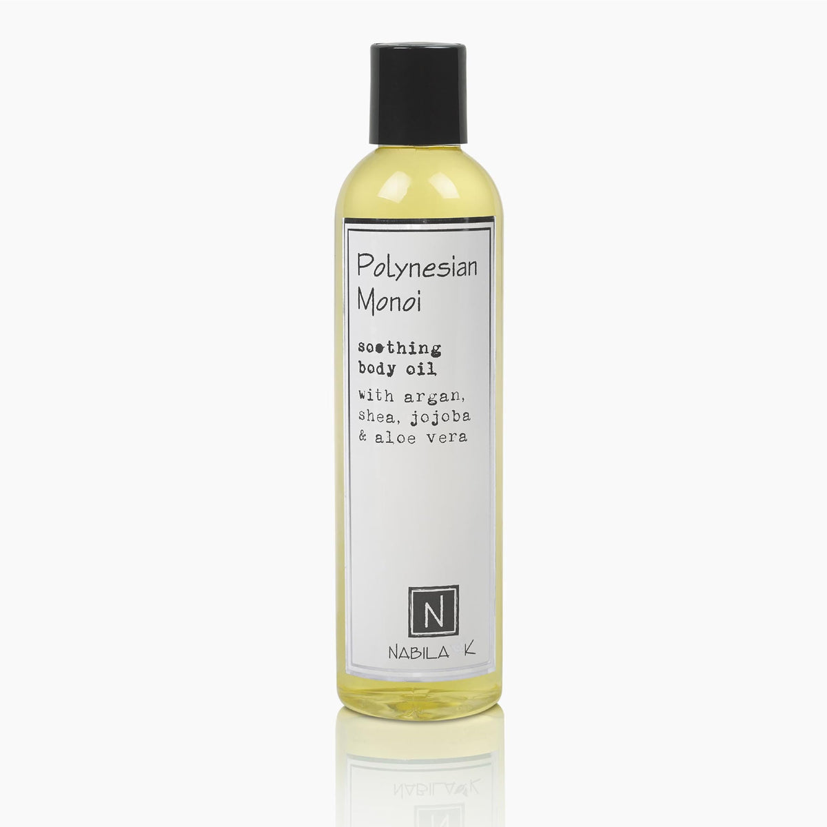 Nabila K Monoi bottle pour shows easy dispensing for quick body oil use