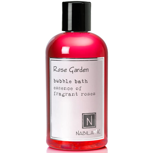 Nabila K Rose Garden Bubble Bath bottle with soothing rose scent for sensitive skin.