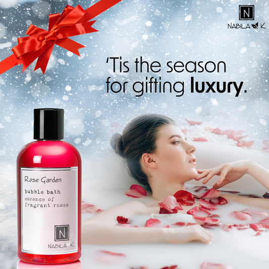 Nabila K Rose Garden Bubble Bath with luxurious bubbles in focus.