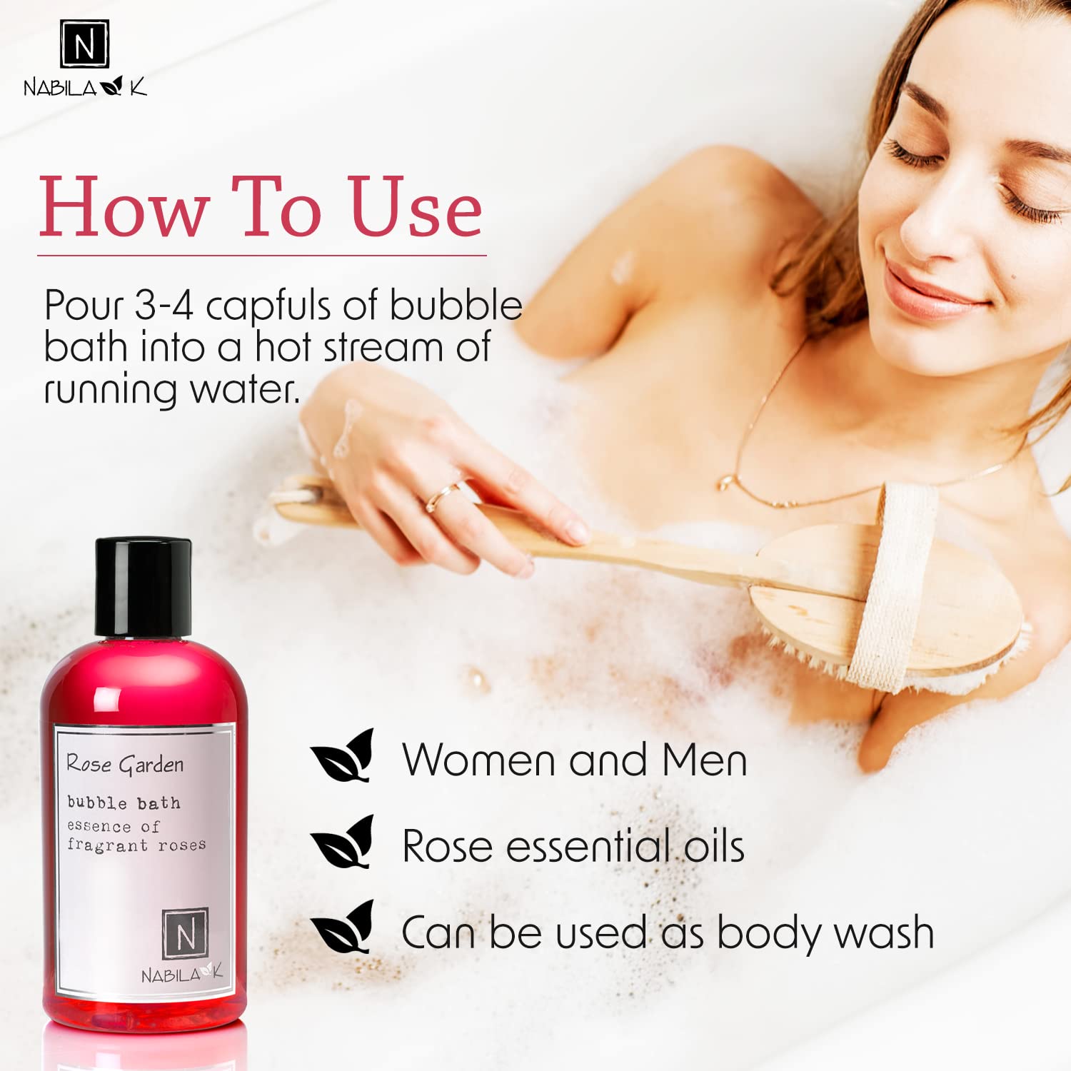 Nabila K Rose Garden Bubble Bath label highlighting natural ingredients.