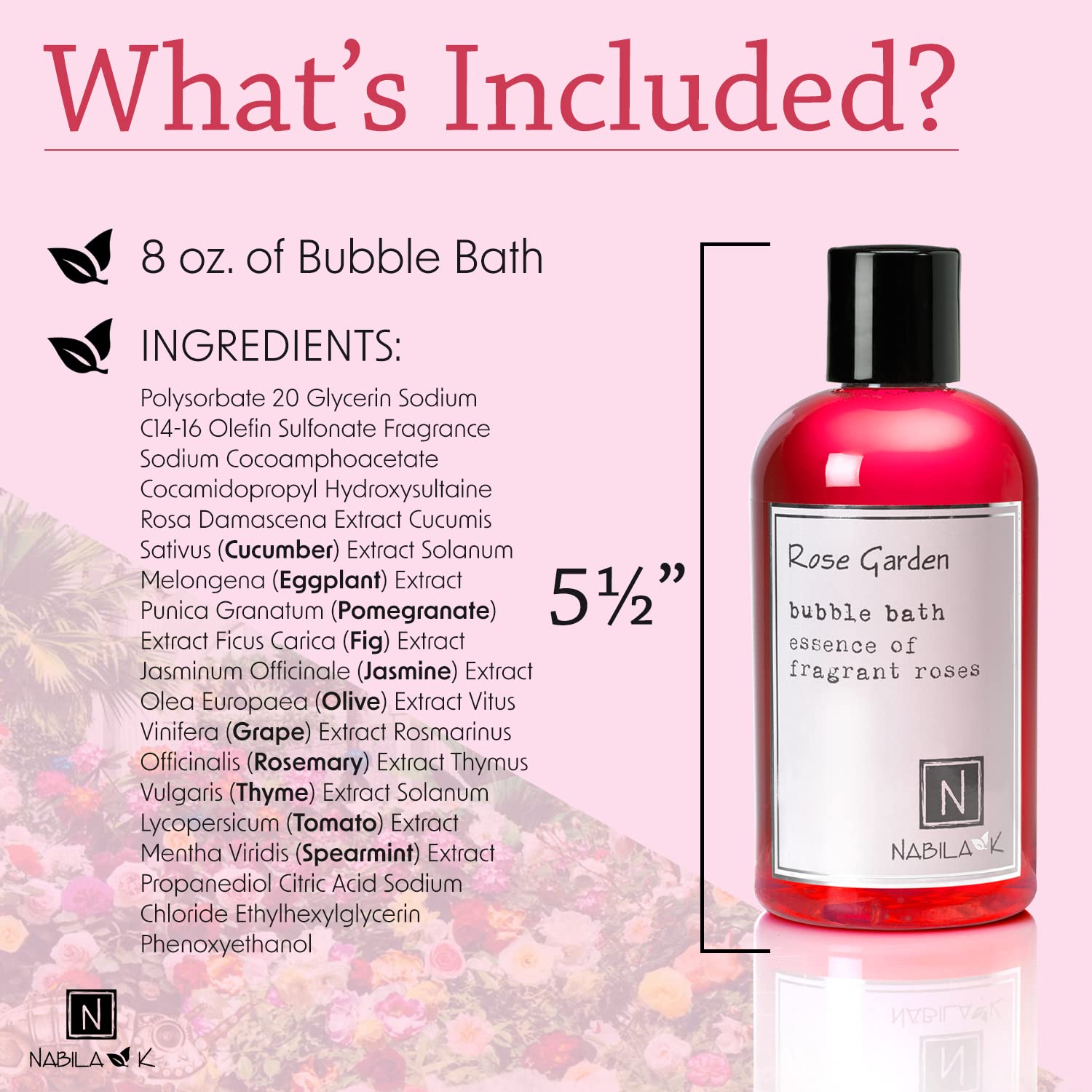 Nabila K Rose Garden Bubble Bath spa-like bubbles in a bath scene.