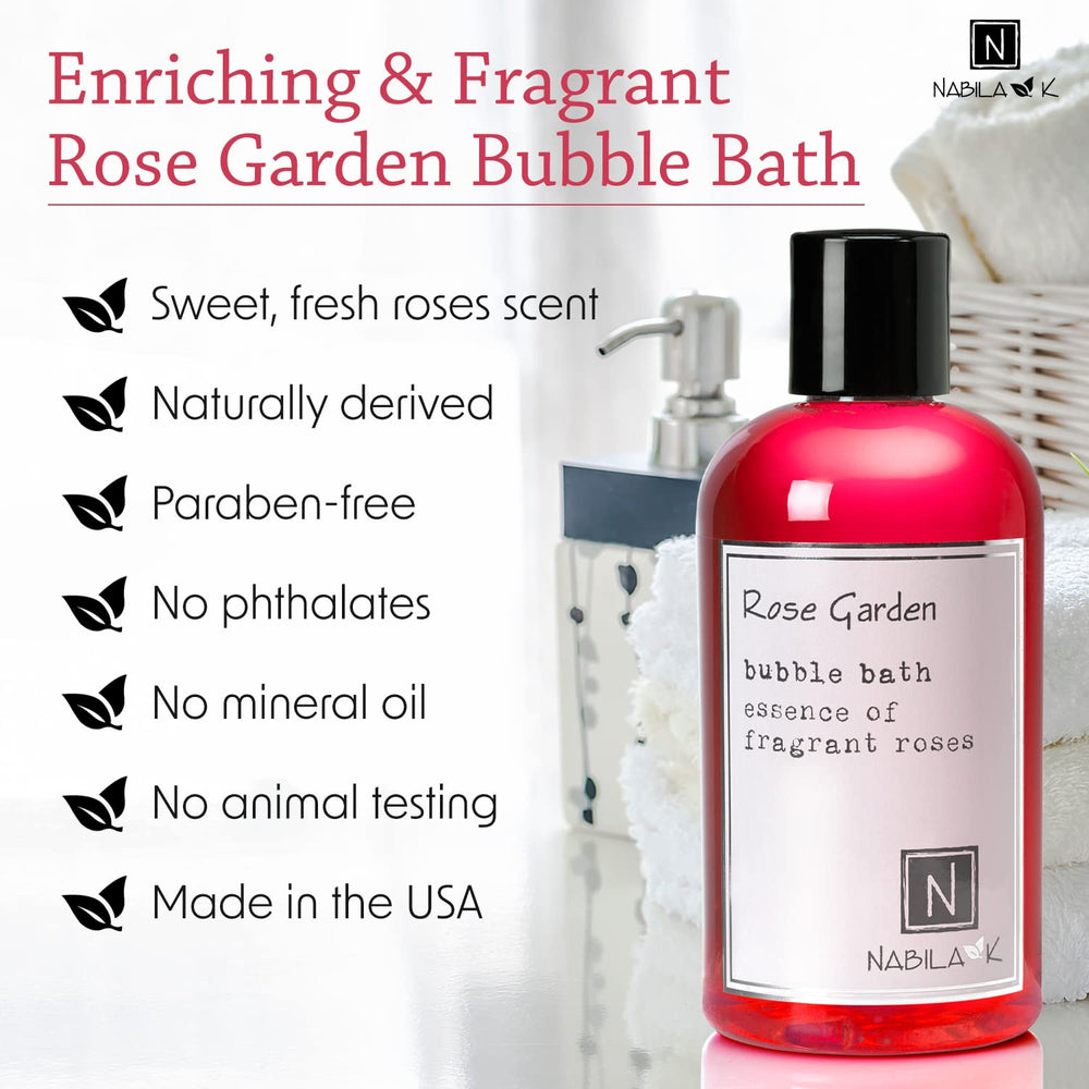 Nabila K Rose Garden Bubble Bath close-up of tear-free formula.