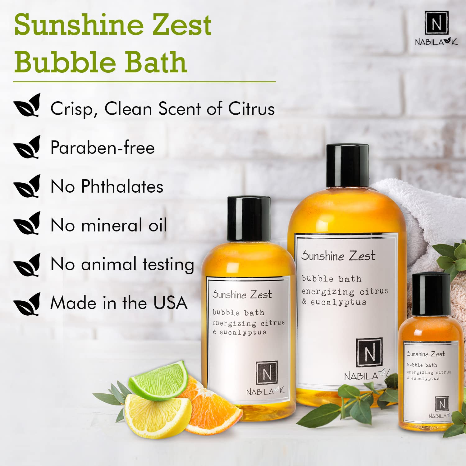 Nabila K Sunshine Zest bubbles create a relaxing foam for a spa-like bath.
