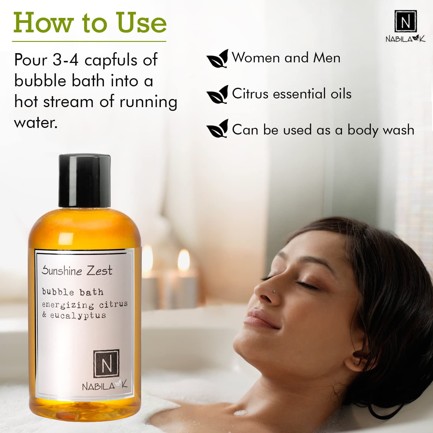 Nabila K Sunshine Zest citrus eucalyptus scent enhances mood during soak.