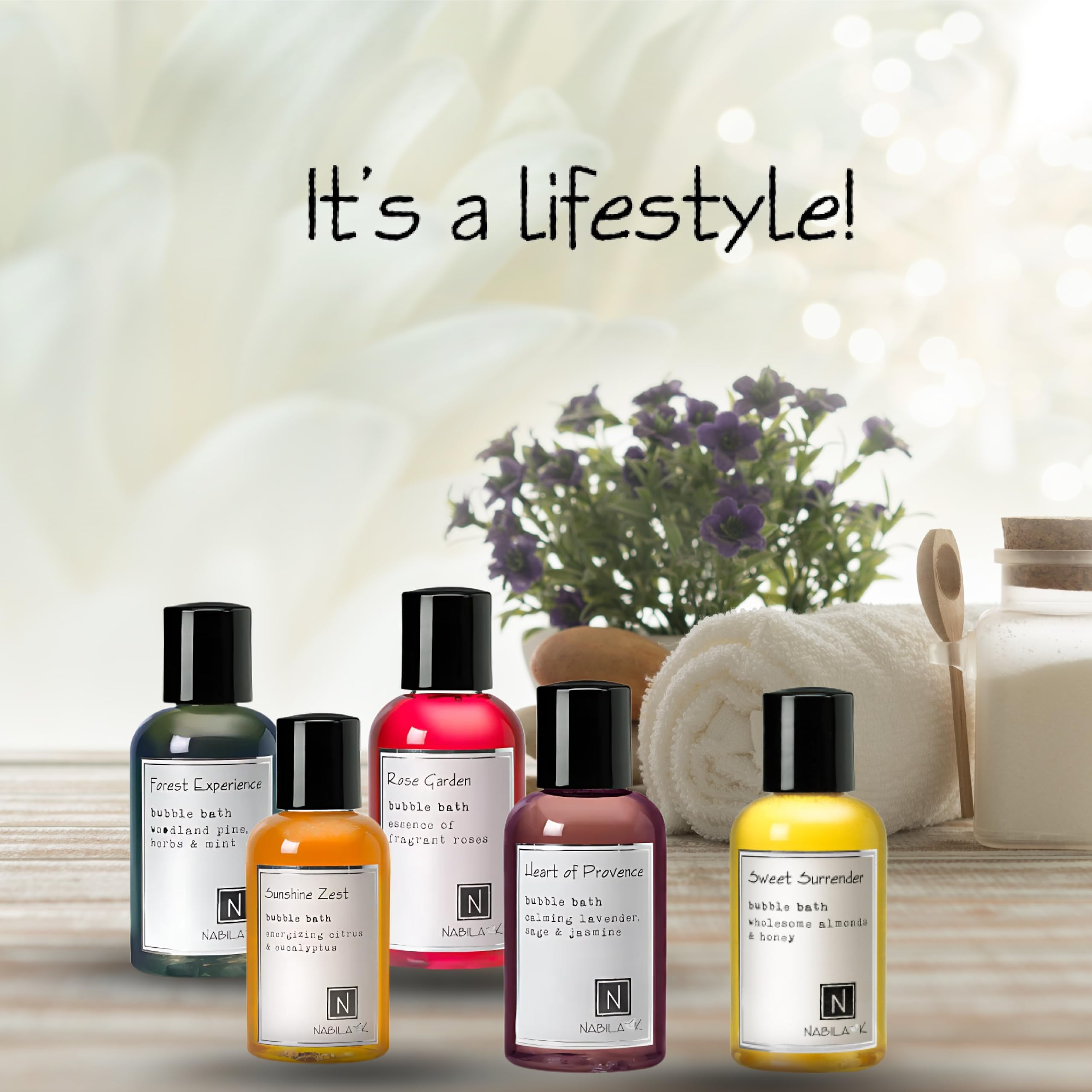 Nabila K travel size bubble bath collection packaging image.