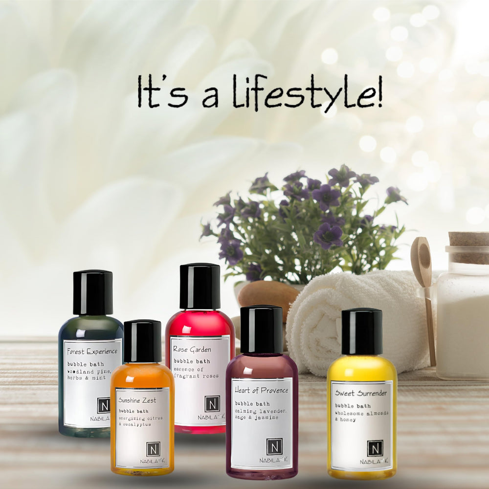 Nabila K travel size bubble bath collection packaging image.