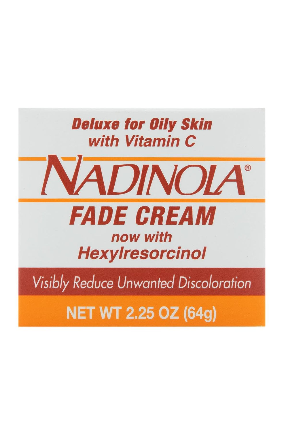 Nadinola Fade Cream bottle pour highlighting quick absorption and non-greasy feel.