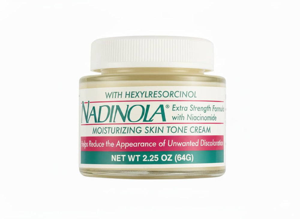 Nadinola moisturizing skin-tone cream jar shown with smooth texture