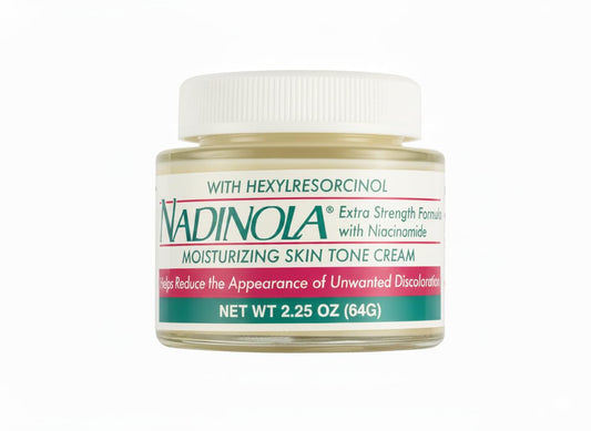 Nadinola moisturizing skin-tone cream jar shown with smooth texture