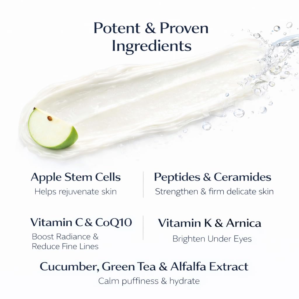 NAELI eye cream bottle highlights hyaluronic acid and vitamins for hydration.