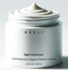 NAELI Retinoid Night Cream bottle close-up highlighting premium anti-aging formula