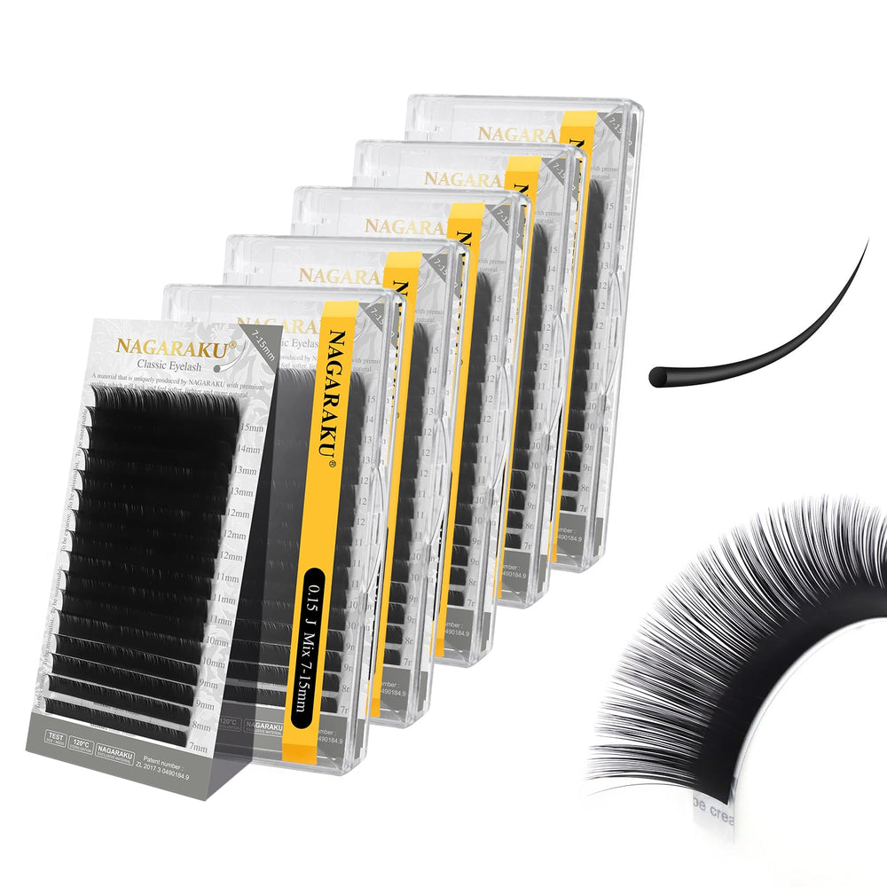 NAGARAKU 5 trays of matte black lashes for natural, lightweight extensions in salons.