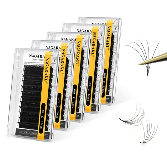 NAGARAKU Easy Fan Lashes pack display with five trays for efficient salon use.