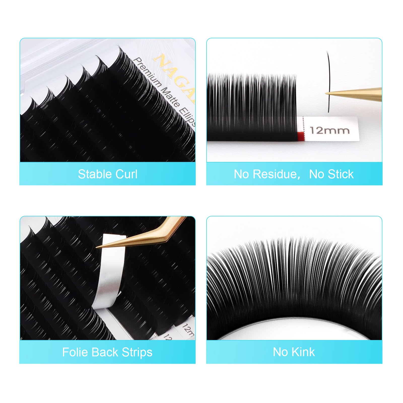 NAGARAKU flat root ellipse lashes offer strong adhesion with natural lashes.