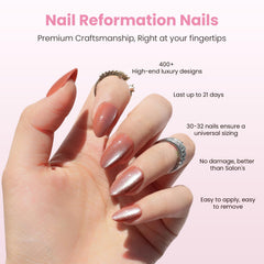 Nail Reformation cat-eye UV finish close-up highlights durable, chip-resistant tips.