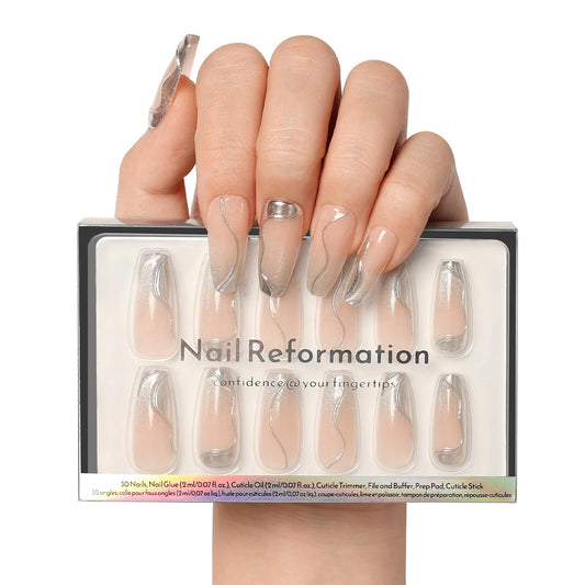 Nail Reformation coffin nails with glitter silver accents and pink tips for lasting, salon-quality wear