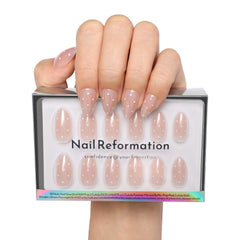 Nail Reformation polka-dot press-on nails in almond shape offer durable, reusable wear.