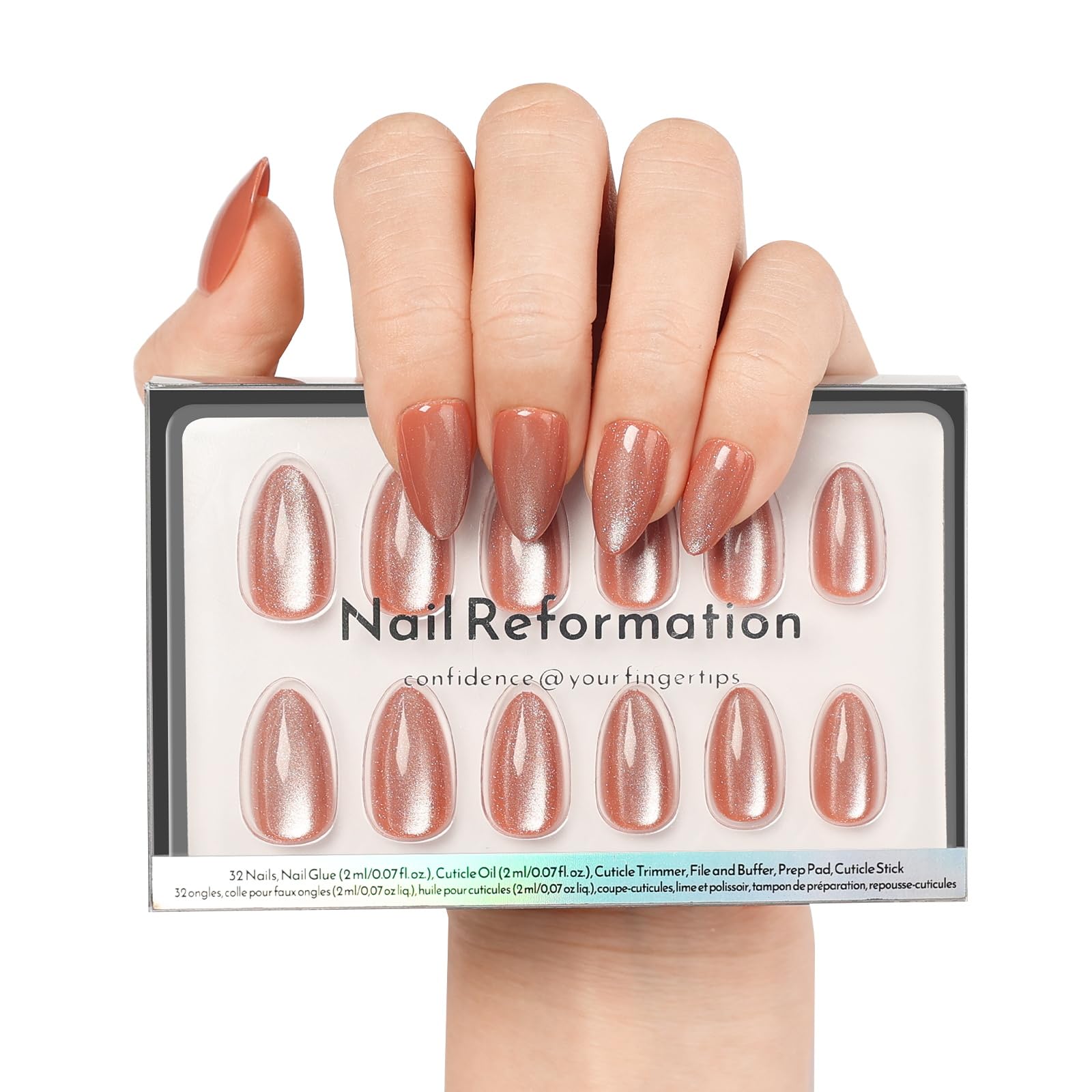 Nail Reformation short almond cat-eye nails kit front view for chic manicures.