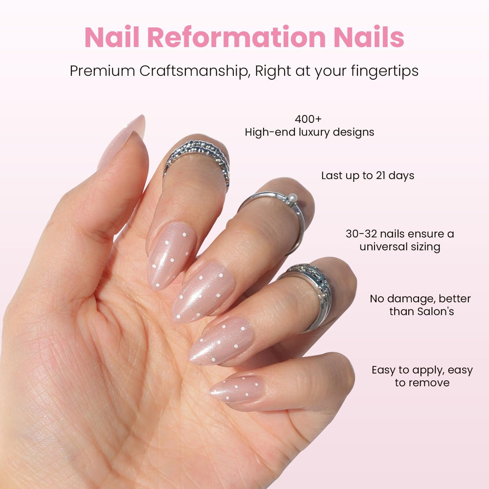 Nail Reformation short pink press-ons with white dots for quick, flawless manicures.