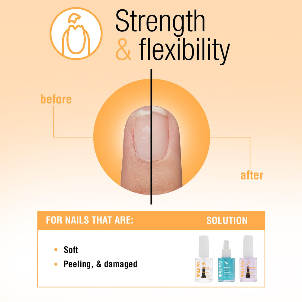 Nail Tek Formula 2 protein-enriched repair applied to nails for better flexibility.