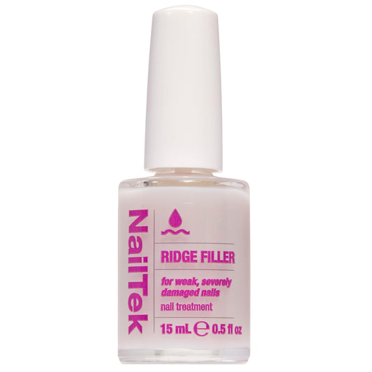 Nail Tek Ridge Filler 4 bottle close-up shows a clear base coat for damaged nails.