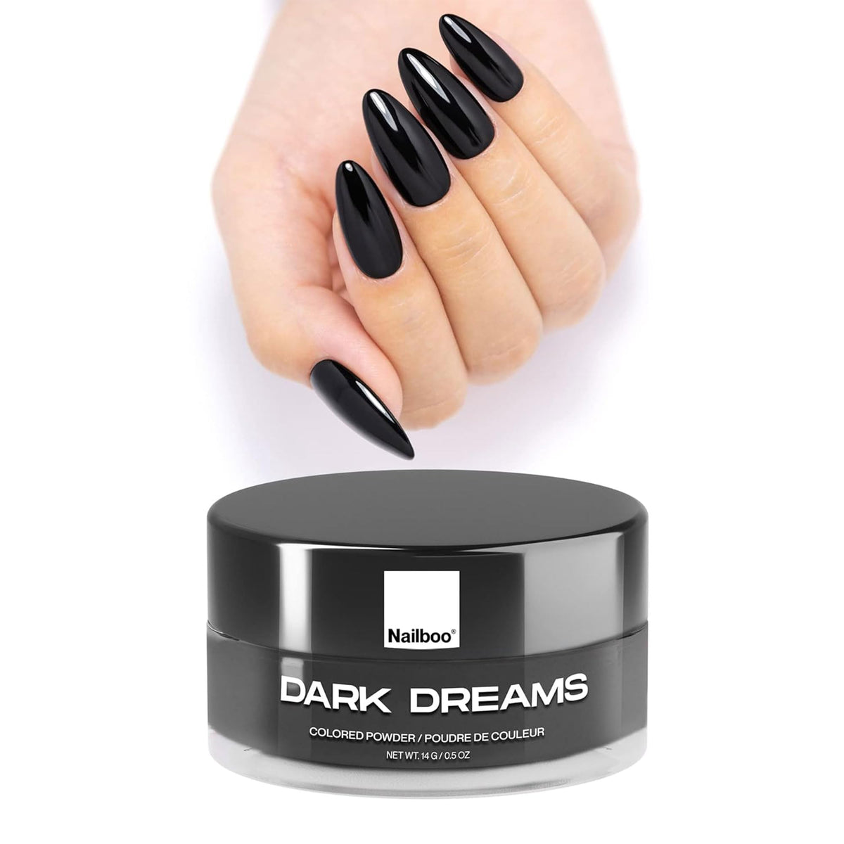 Nailboo Dark Dreams bottle close-up shows rich black pigment for bold nails.