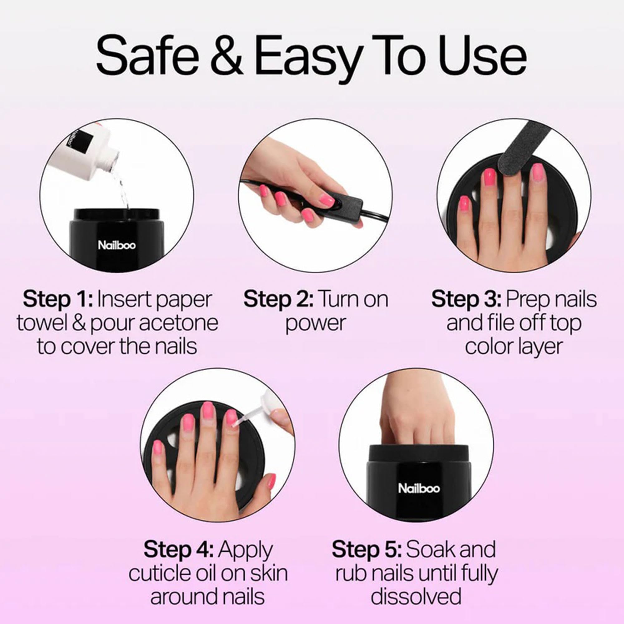 Nailboo electric removal system fits dip powder, gel, acrylic coatings.