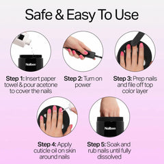Nailboo electric removal system fits dip powder, gel, acrylic coatings.