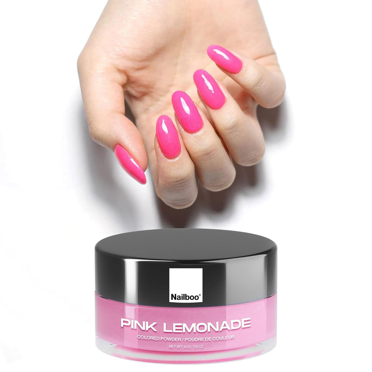 Nailboo Pink Lemonade dip powder for vibrant color without UV light, ideal at-home manicure.