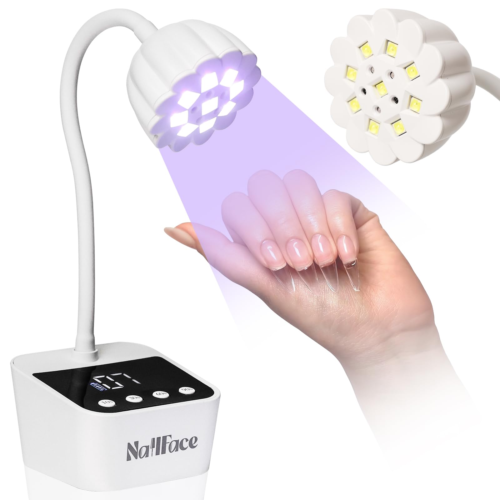NailFace Flash Cure Lamp with gooseneck setup for precise, full coverage during curing