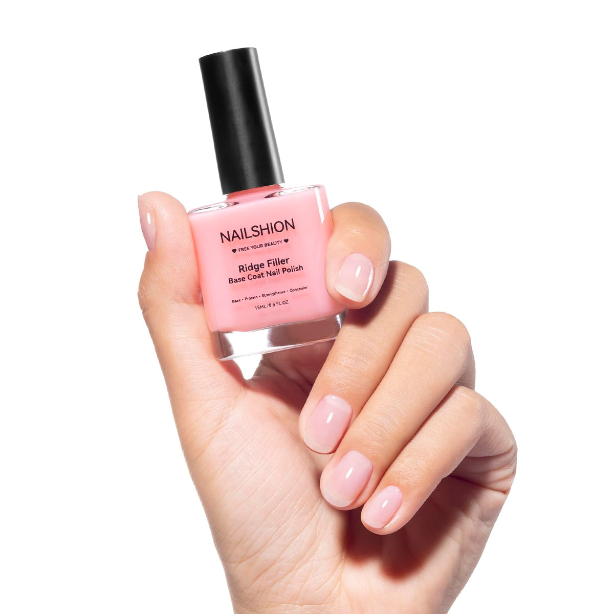 Nailshion Nail Ridge Filler Bottle shown for a smooth, even base.