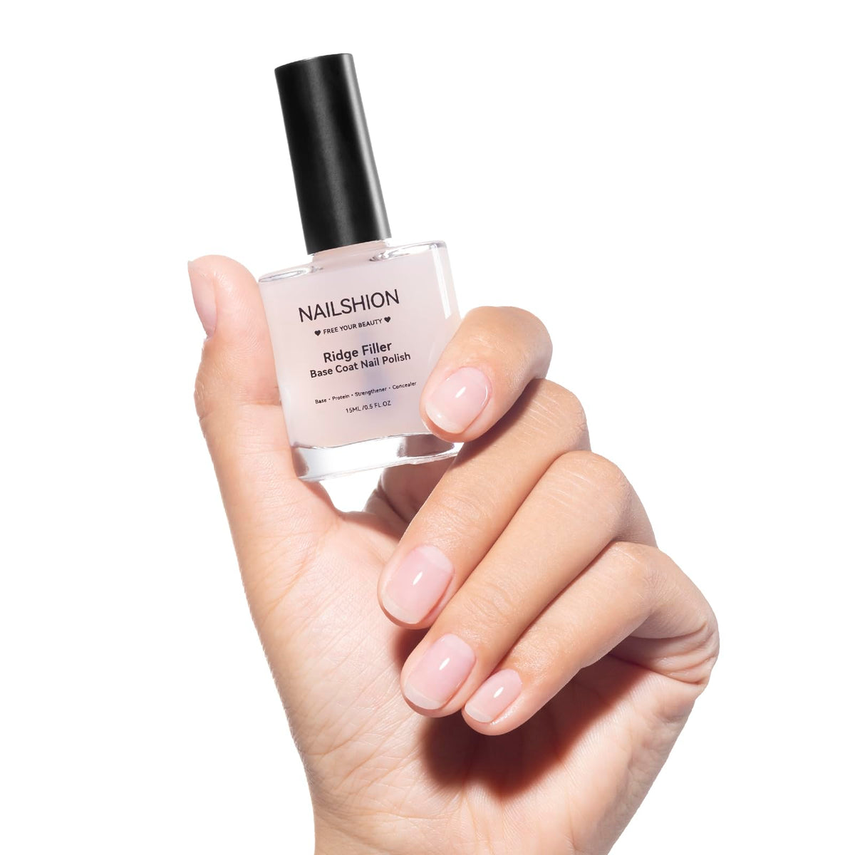 Nailshion Ridge Filler Base Coat bottle showing milky finish for a smooth canvas
